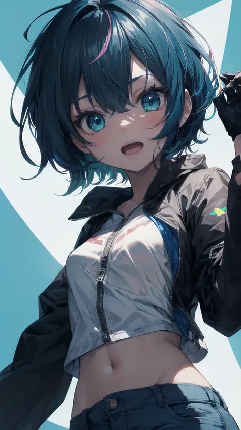 Close-up of a manga girl with blue hair and a yellow shirt, 2D Animation, 2D Animation style, 2D Art, 2D Art, 2D from Gorillaz, 2D from Gorillaz, 2D Gorillaz, Screaming Cerket, 2D Sprite, Jinx Face, short hair, Small breasts, hot pants, ((Black Hair, Inner...