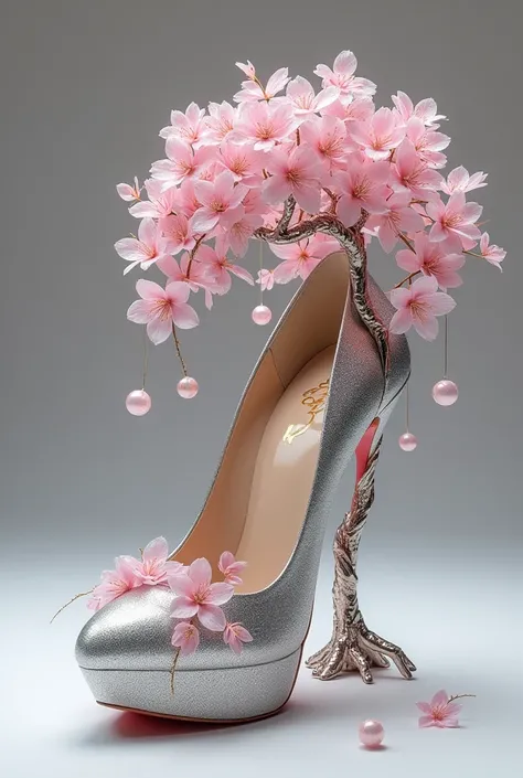 J’aimerai des chaussures à talon de 11 cm. Les chaussures  sont en argent. L’aiguille du talon représente un tronc d’arbre . En haut de l’anguille il y a des branches et des fleurs de cerisiers qui sont des ronds de quartz rose. Ces branches enveloppent le...