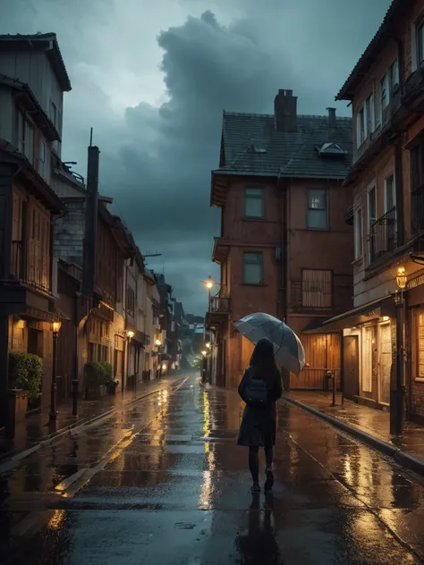 a teenage girl walking in the rain,schoolgirl,wet hair,rainy day,rain falling,umbrella,looking down,melancholy expression,overcast sky,dark clouds,moody atmosphere,(best quality,4k,8k,highres,masterpiece:1.2),ultra-detailed,(realistic,photorealistic,photo-...