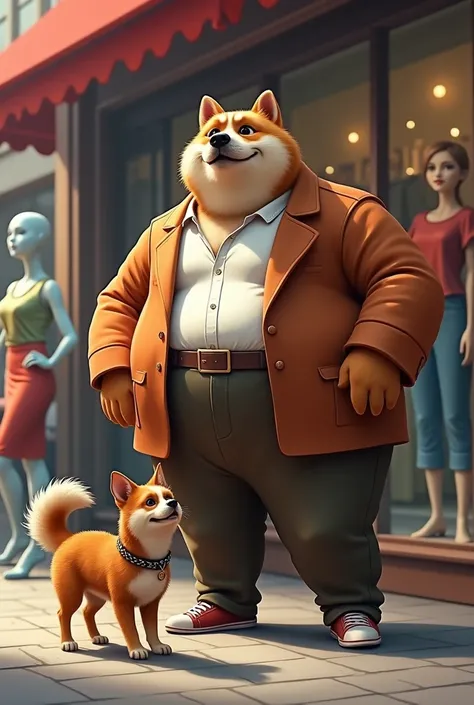 Male dog,big,fat,wear clothes,Trousers,and the girl dog walks in front of the clothing model shop,