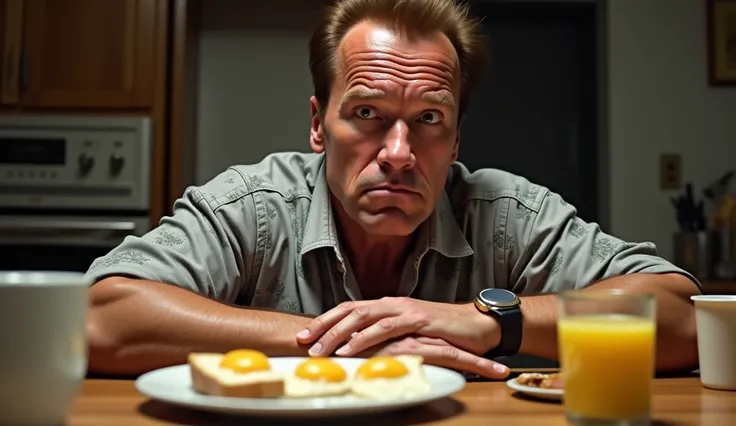 Arnold Schwarzenegger is sitting at a dining table having breakfast, wearing a gray floral shirt. His face is full of deep wrinkles, with wild, wide-open eyes and dark circles under them, giving him an extremely tired and lazy appearance. His posture is sl...