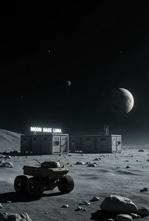 Military base on the  dark side of the Moon surface with sign that reads Moon Base Luna will rover 