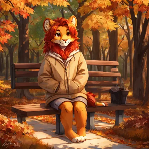 An anthropomorphic orange lion, autumn park scene, casual clothes, red hair, closed smile, seated on bench in a park, high quality furry art, chibi style.