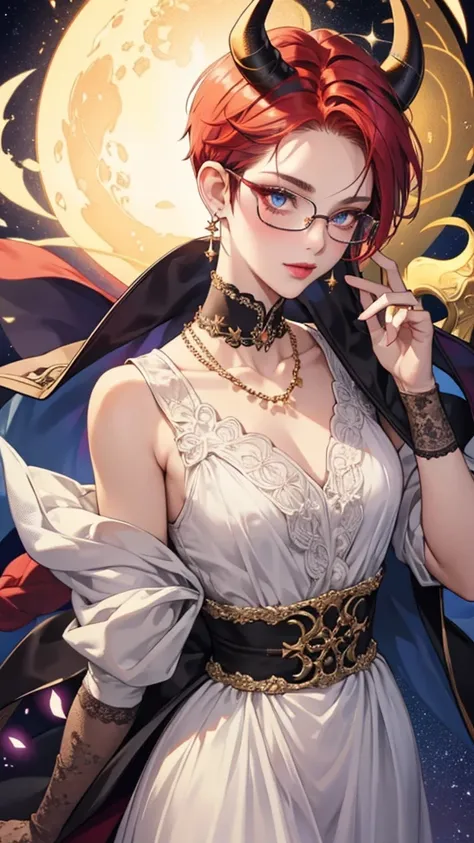 8k, masterpiece, best quality, highly detailed, 1 girl, tiefling, warlock, pixie cut, multicolored hair, very short straight hair red highlight hair on white hair, strippled hair, wearing glasses, round glasses, earrings, red eyeshadow, long eyelashes, blu...