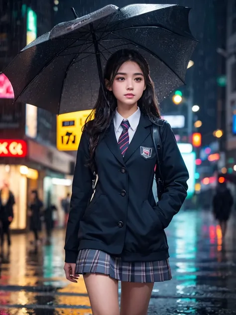 a high school girl walking through the streets of shibuya without an umbrella in a heavy downpour, beautiful detailed eyes, beautiful detailed lips, extremely detailed eyes and face, long eyelashes, school uniform, wet clothes, umbrella on the ground, wate...