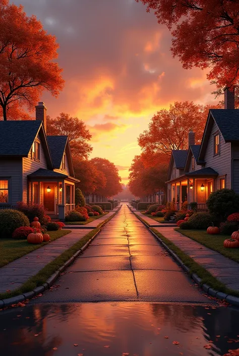 Make me an American neighborhood in autumn with orange evening lighting and houses decorated for Halloween, An orange and nostalgic light with asphalt wet from a recent rain, without people