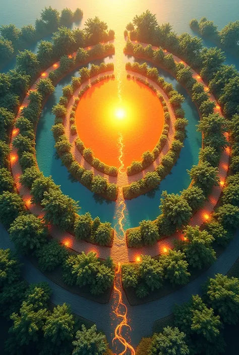 Sun energy in a circle, around other circles that have plants inside according to a climate and the solar energy they receive 