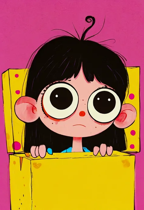 cartoon of a man with a big eye looking over a yellow box, film still from an cartoon, aardman character design, animated film still, animation film still, portrait of a cute monster, inspired by Tomi Ungerer, by Yi Inmun, animation character, big pink eye...