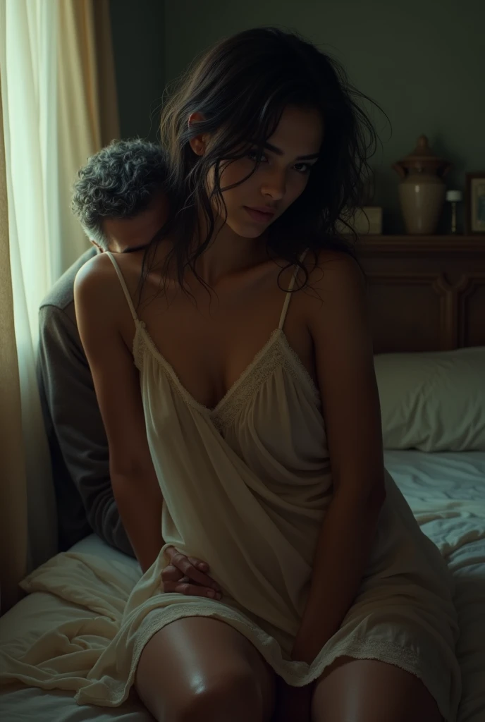 Photo of a Hot Young Indian Lady with Dark skin, Wet and sweaty, Wearing Sexy Transparent Night Gown, Hair Messed up, Sitting on Bedroom looking outside the window, Looking Sad, A Old man kissing her shoulder, Dim light.