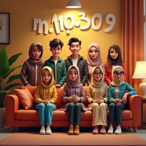 four cute men (wearing jacket) standing behind sofa, three cute women (wearing hijab, casual fashion) sitting on a sofa, a cute long hair woman (wearing jacket) stand aside a sofa, living room as background, stars decoration on the wall, a big text written...