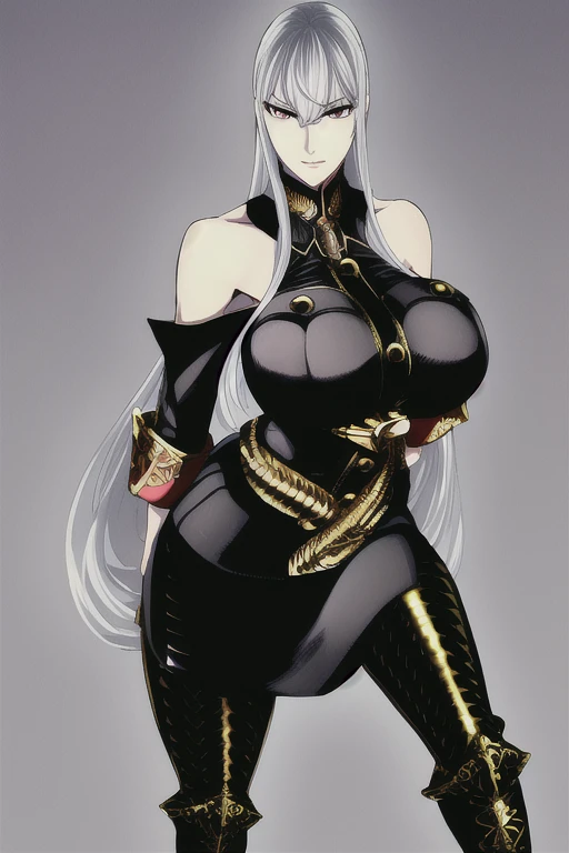 selvaria_bles, huge_breasts, standing, solo, military_uniform_black_short_dress_detached_sleeves_golden_belt_black_pantyhose_hal...