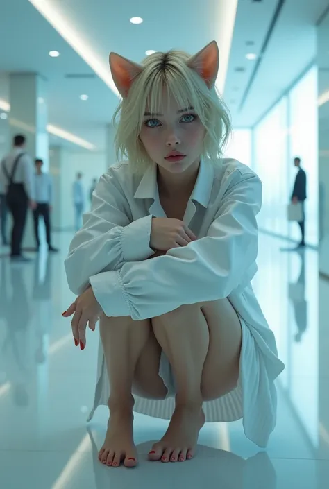 (photorealism:1.2), pussy, beautiful woman, swedish, blonde,sad, pensive, vacant, assistant, white shirt, pleated skirt, upskirt, white underwear, 18yo, corporate lobby, white floor and ceiling, blue lighting, hologram, projection,looking at camera, short ...