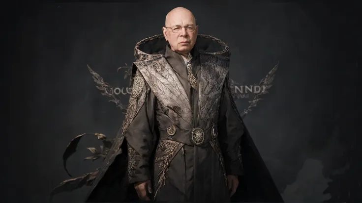 klaus schwab, an evil magician, standing behind a black podium, raising arms up, summoning, necromancer, fantasy, dark energy, s...