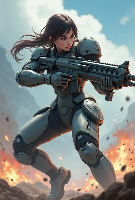 battlefield、fight、Mechanical Girl、Soft painting style、Anime Style、beautiful、Combat Uniform、Helmet、Accentuate your butt、Large precision rifle、Powered Suit、