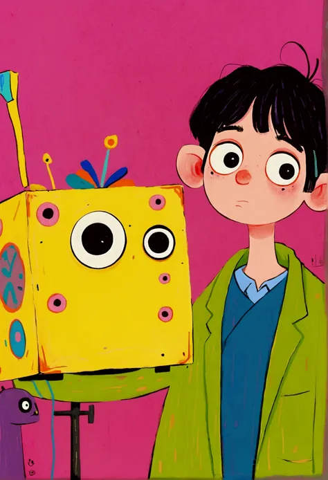 cartoon of a man with a big eye looking over a yellow box, film still from an cartoon, aardman character design, animated film still, animation film still, portrait of a cute monster, inspired by Tomi Ungerer, by Yi Inmun, animation character, big pink eye...