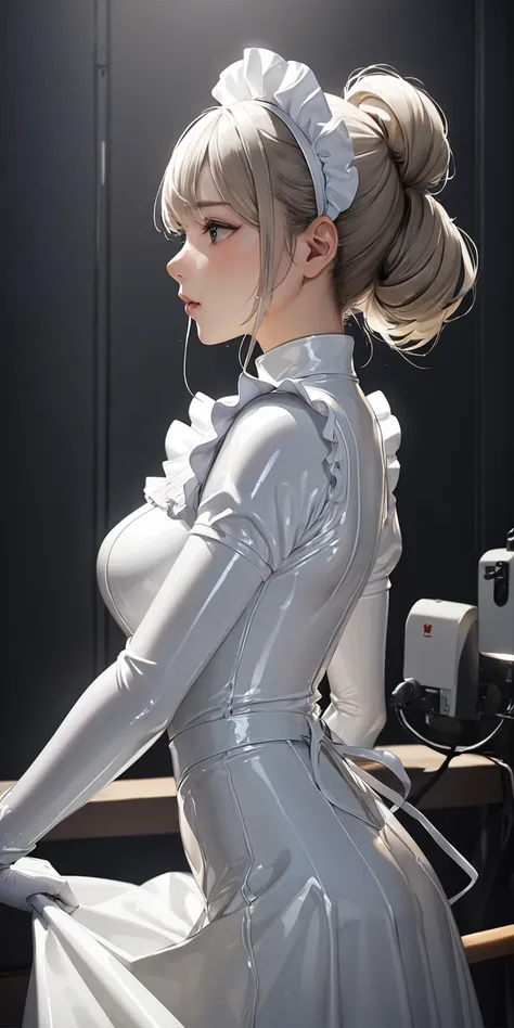 Portraiture、Profile Pose、(masterpiece,Highest quality,Ultra-high resolution),Japanese women, (((Very pretty girl))),(White latex maid outfit)、((White latex long skirt))、(A long-sleeved white latex shirt covering the upper body)、White latex gloves、White lat...