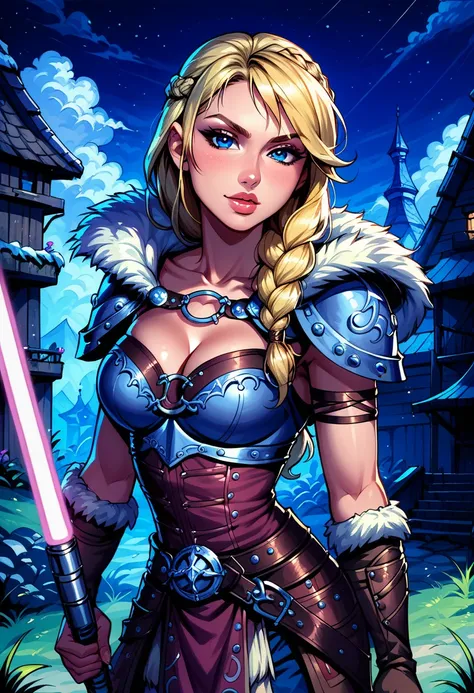 Dark Fantasy Art of score_9, score_8_up, score_7_up, rating_questionable, fantasy, lighting, epiCPhoto 1girl, solo, very sexy smuggler jedi (ASTRIDHOFFERSON, blonde hair, braid, Long hair, blue eyes, fur trim, shoulder armor, armor, pauldron:1.2), cleavage...