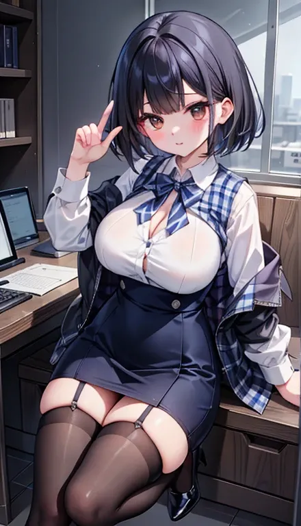 Highest quality, flying debris、Beautiful woman、officeレディー、Black Hair、(Brown eyes、Big Breasts、Blunt bangs)、short hair、チェック柄のダークブルーのofficeスーツ)、new employee,Full Body Shot、Female office lady、break(Dark blue checked vest、White dress shirt、Navy blue long tight ...