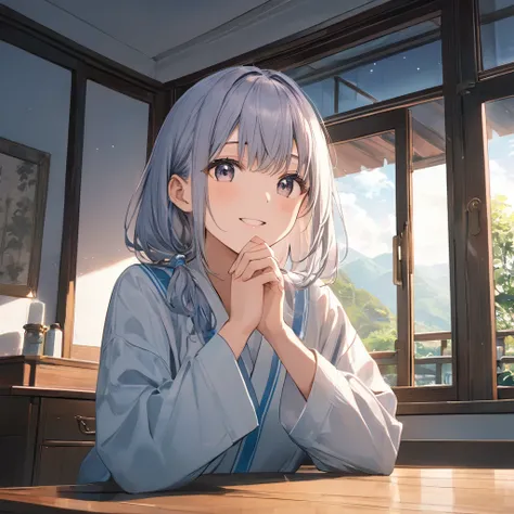 anime、((Amazingly absurd)),(masterpiece:1.2),超High resolution, Attention to detail, high quality, High resolution, 最high quality, 4K, 8k、Girl looking out the window from inside the room、Happy expression、I am praying with folded hands、It&#39;s raining outsi...