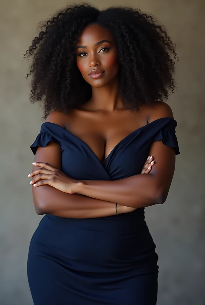 Black women with curly hair, pretty in dark blue dress nice body and breasts