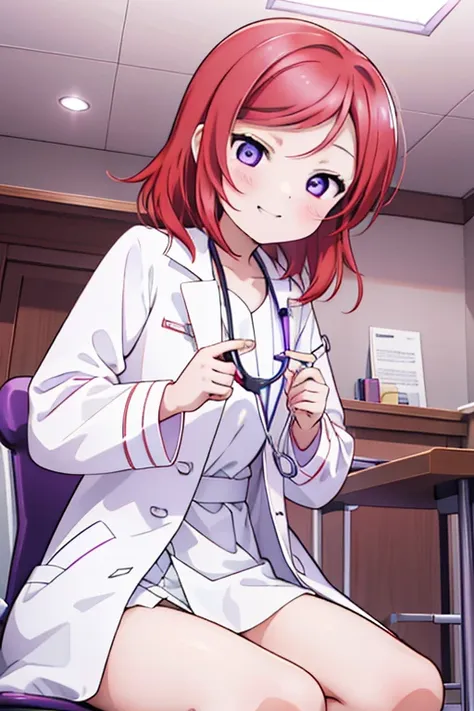 Maki Nishikino、Embarrassed smile、Bedroom、Red hair、Purple Eyes、Long white coat,Wearing a white coat，doctor,Examination room、Put a stethoscope around your neck、Sit in the examination chair、One girl, solo, One girl, 