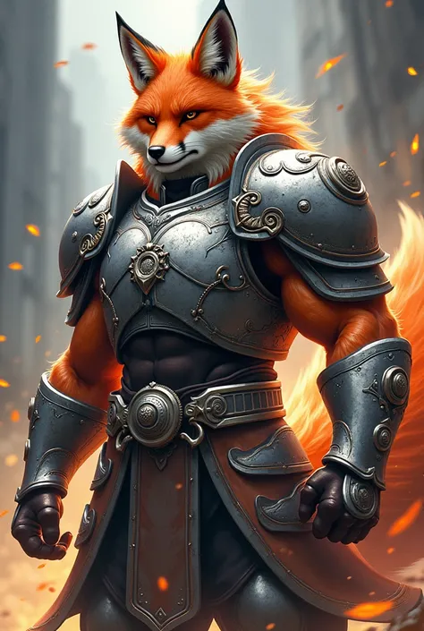 A burly fox in silver armor. anime, 4k high quality. poison.