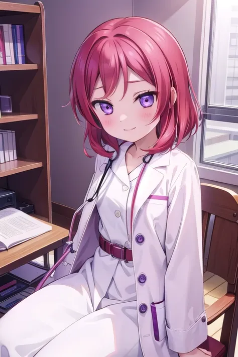 maki nishikino、embarrassed smile、bedroom、red hair、purple eyes、long white coat,wearing a white coat，doctor,examination room、put a...