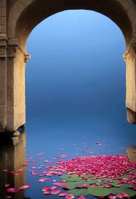 felt style，reflection on the surface of the lake，flower petals falling on the sparkling water，ancient architecture，night，felt te...