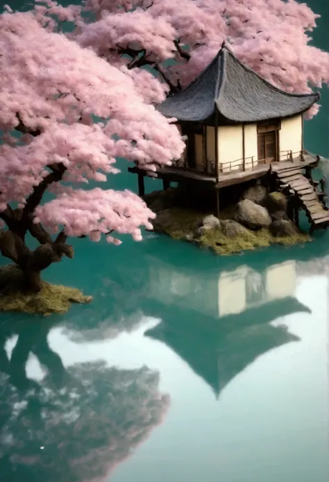 felt style，reflection on the surface of the lake，flower tree，flower petals falling on the sparkling water，ancient architecture，n...