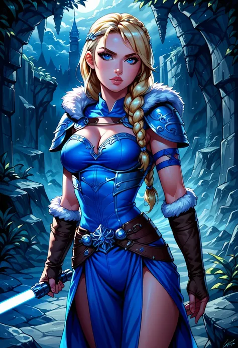 Dark Fantasy Art of score_9, score_8_up, score_7_up, rating_questionable, fantasy, lighting, epiCPhoto 1girl, solo, very sexy smuggler jedi (ASTRIDHOFFERSON, blonde hair, braid, Long hair, blue eyes, fur trim, shoulder armor, armor, pauldron:1.2), cleavage...