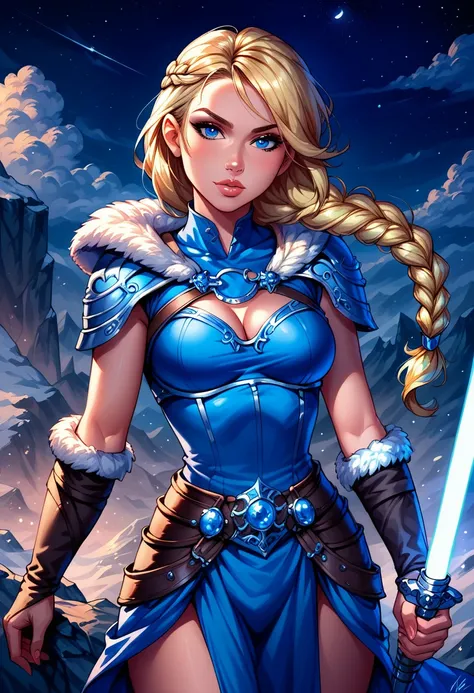 Dark Fantasy Art of score_9, score_8_up, score_7_up, rating_questionable, fantasy, lighting, epiCPhoto 1girl, solo, very sexy smuggler jedi (ASTRIDHOFFERSON, blonde hair, braid, Long hair, blue eyes, fur trim, shoulder armor, armor, pauldron:1.2), cleavage...