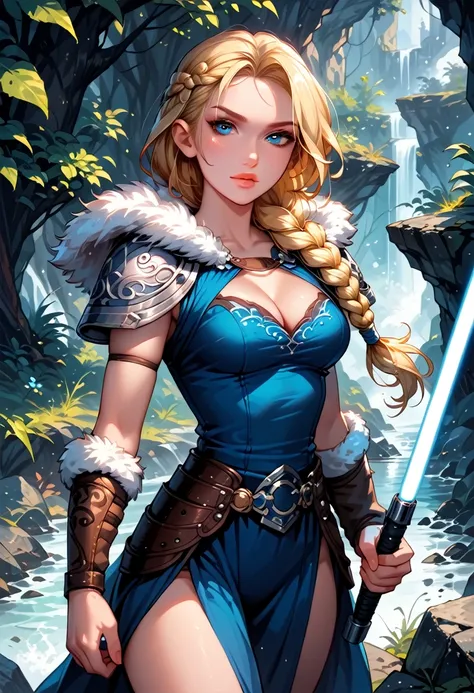 Dark Fantasy Art of score_9, score_8_up, score_7_up, rating_questionable, fantasy, lighting, epiCPhoto 1girl, solo, very sexy smuggler jedi (ASTRIDHOFFERSON, blonde hair, braid, Long hair, blue eyes, fur trim, shoulder armor, armor, pauldron:1.2), cleavage...