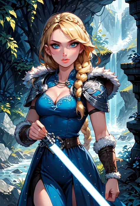 Dark Fantasy Art of score_9, score_8_up, score_7_up, rating_questionable, fantasy, lighting, epiCPhoto 1girl, solo, very sexy smuggler jedi (ASTRIDHOFFERSON, blonde hair, braid, Long hair, blue eyes, fur trim, shoulder armor, armor, pauldron:1.2), cleavage...