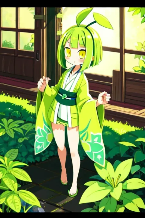 plant fairy alraune beautiful girl green hair bob hair bangs yellow eyes round eyes lower body is plant kimono clover vine root