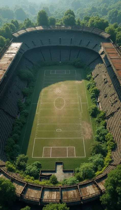 The camera pans over a football stadium with crumbling structures and overgrown vegetation.top view