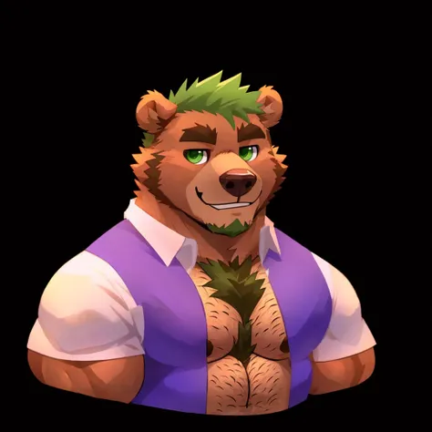 a caramel brown fur, muscular grizzly bear, he's a daddy bear, hairy-himbo chest, short green hair, green eyes, closed smile, hi...