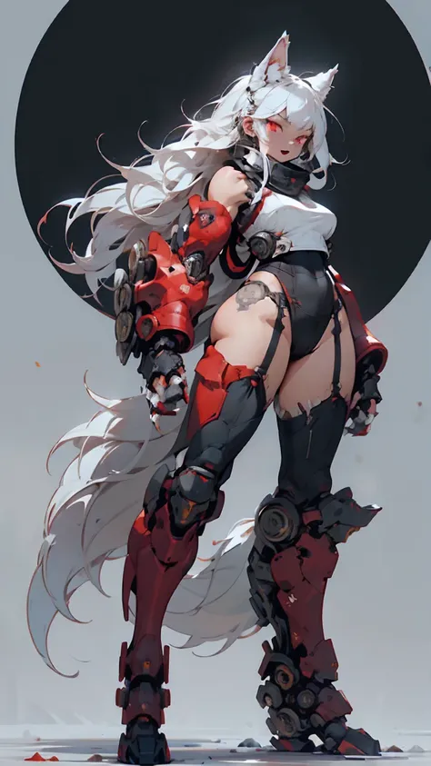 wolf beast、one woman, silver hair, very long hair,red eyes, wolf ears, fangs and furry body, , large breasts, big ass, whole bod...