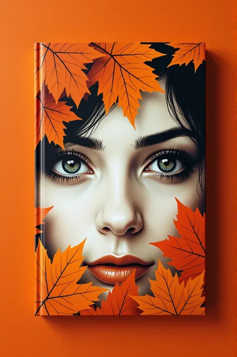 A book cover with two eyes one of a woman and one of a man both in white with orange leaves in the background