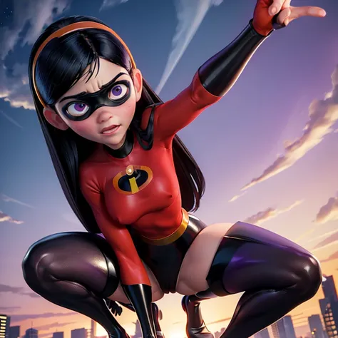 (masterpiece), best quality, expressive eyes, perfect face,solo,1girl,Violet Parr , ((Violet Parr open thighs)),((manspread)),black hair, long hair,purple eyes, hairband,,((manspread)),(squatting),,((shoot from below)),((red latex incredibles outfit)),blac...