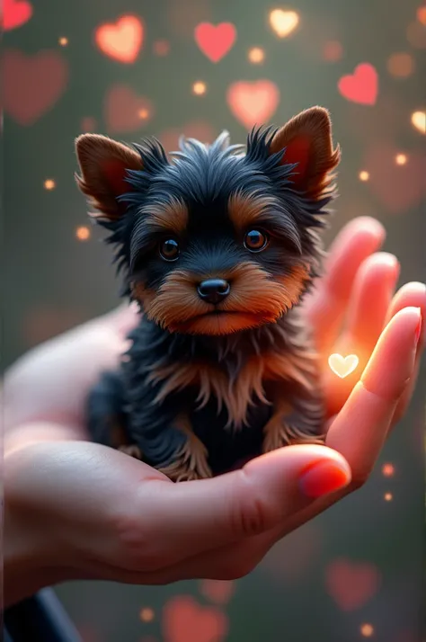 An impressive digital surrealist drawing and hyperrealism, of a tiny puppy dog, Yorkshire, sitting gracefully in the palm of a human hand. Her black fur is wavy and messy with the slight movement of the wind.. His dark snout and amber eyes, reflejando la l...