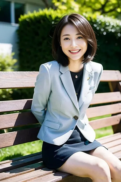 woman　5　Office Lady Suit　mini skirt、　cute　garden　Sitting on a bench　Spread your legs obscenely　Smile　Panties in full view　Female CEO　Vibration is on　Restraint behind