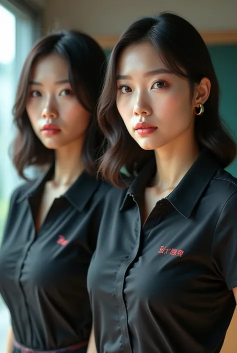 2 Korean CEO woman, she has stern attitude. Shes wearing office outfit, but her polo is slightly tucked off, revealing her cleavage slightly. 