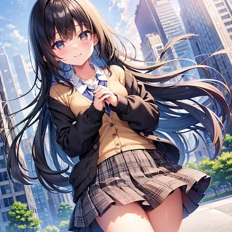 (Highest quality),One high school girl、Iris、smile、blush、Short black hair、Small breasts、cardigan、Place your hands together at your chest、Checkered mini skirt、Beautiful thighs、White socks、Black Loafers、Snowing city background、Perfect Anatomy、Perfect hands、Pe...