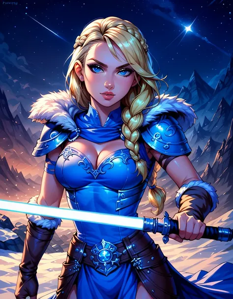 Dark Fantasy Art of score_9, score_8_up, score_7_up, rating_questionable, fantasy, lighting, epiCPhoto 1girl, solo, very sexy smuggler jedi (ASTRIDHOFFERSON, blonde hair, braid, Long hair, blue eyes, fur trim, shoulder armor, armor, pauldron:1.2), cleavage...