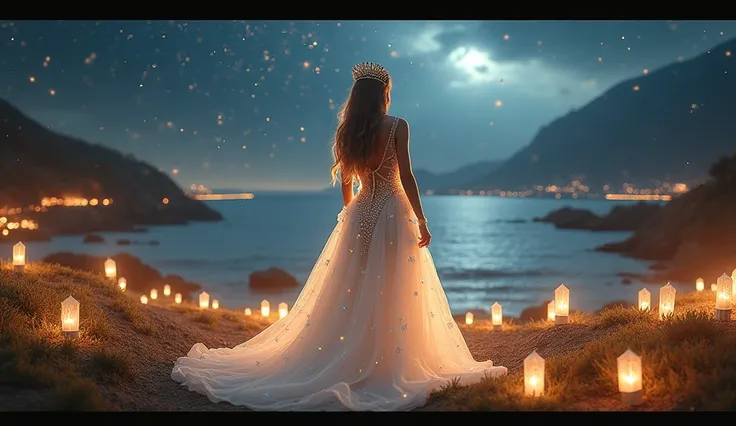 Beautiful woman standing in front of the seaside, She is wearing a very long white starry flower dress, A diamond crown on his head, Long hair full of stars and diamonds,  She enjoys the stars falling from the sky, Lights Everywhere, Gold and black nature,...