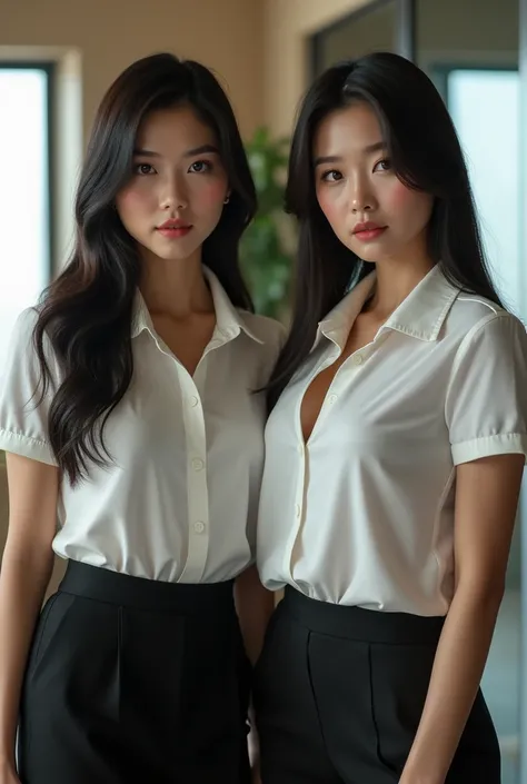 2 Korean CEO woman, she has stern attitude. Shes wearing office outfit, but her polo is slightly tucked off, revealing her big cleavage slightly.  She has seductive body 