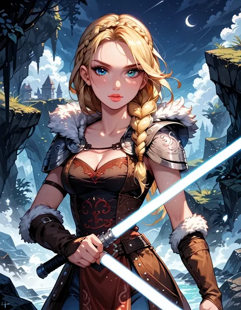 Dark Fantasy Art of score_9, score_8_up, score_7_up, rating_questionable, fantasy, lighting, epiCPhoto 1girl, solo, very sexy smuggler jedi (ASTRIDHOFFERSON, blonde hair, braid, Long hair, blue eyes, fur trim, shoulder armor, armor, pauldron:1.2), cleavage...