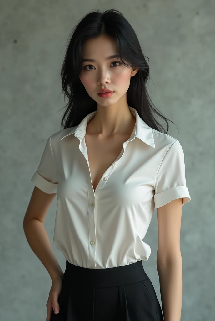 2 Korean CEO woman, she has stern attitude. Shes wearing office outfit, but her polo is slightly tucked off, revealing her big cleavage slightly.  She has seductive body. Shes alone. 