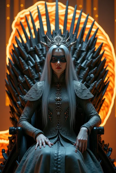 A Korean model woman wearing a dragon warrior dress, her hair is long big curls ash gray with a crown, sitting in iron throne chair from the Game of Thrones, looking directly, wearing a blindfold . The background features the words PEN’ written in large go...