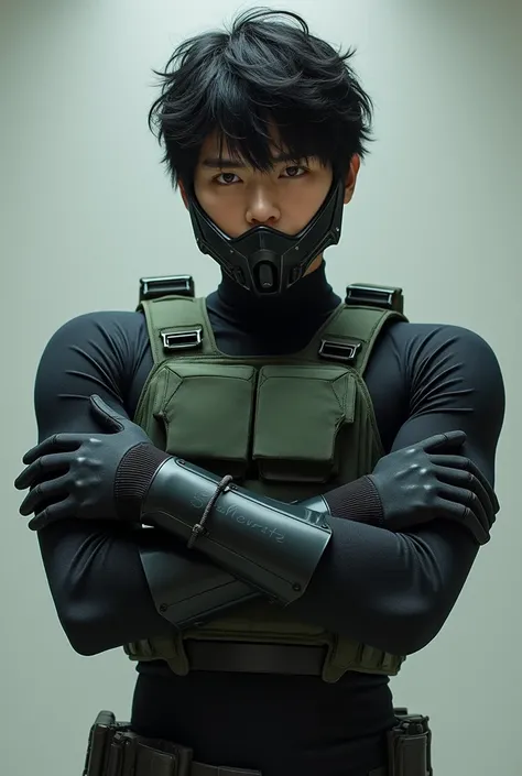 live-action、Real、Beautiful Japanese youth、Black Hair、Shortcuts、Curly hair、A thick black bodysuit that enhances physical performance、Wearing a mechanical half helmet、Moss green short down military vest、Armored Muscle Suit、A slim but muscular body、Cross your...